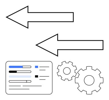 Zıt yönleri gösteren oklar, süreci sembolize eden vitesler, durum güncellemelerini gösteren ekrandaki ilerleme çubukları. Sistem entegrasyonu, iş akışı, mühendislik, analitik ve teknoloji için ideal