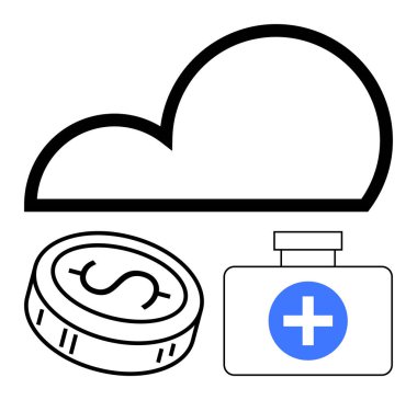 Dolar işaretli sikke, bulut sembolü ve mavi haçlı ilk yardım çantası. Sağlık sigortası, mali güvenlik, bulut hizmetleri, dijital sağlık, çevrimiçi bakım, teknoloji entegrasyonu için ideal