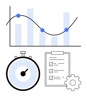 Çubuklu çizelge ve kontrol işaretli kronometre kontrol listesi. Üretkenlik, verimlilik, planlama, analiz, performans takibi, proje yönetimi, zaman yönetimi için ideal. Satır metaforu