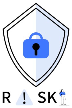 Shield with padlock at center, divided into two halves. Large word RISK with exclamation symbol replacing I. Small figure standing beside word. Ideal for cybersecurity, data protection, risk clipart