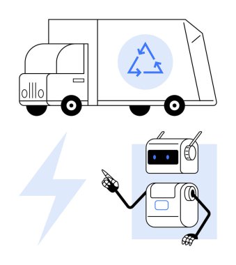 Geri dönüşüm sembollü elektrikli çöp kamyonu yıldırımı gösteren robot enerji verimliliğini ve yeniliği teşvik ediyor. Sürdürülebilirlik, geri dönüşüm, temiz enerji, robotik, çevre dostu