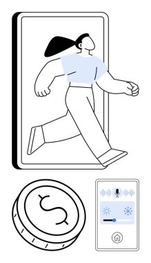 Akıllı telefon ekranından çıkan dijital kadın dolar işaretli fütüristik para akıllı ev kontrol arayüzü. Teknoloji, finans, dijital dönüşüm, akıllı evler, çevrimiçi yenilik için ideal