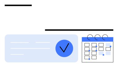 Vurgulanmış tarih ve olayların yer aldığı bir takvimin yanında görev tamamlanma işaretini gösteren mavi kontrol işareti. Üretkenlik, zamanlama, proje yönetimi, anımsatıcılar, mühletler, organizasyon, iş akışları için ideal