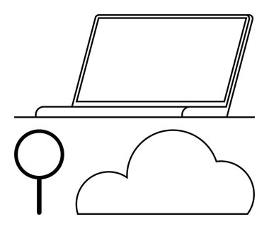 Büyük bir bulut şeklindeki dizüstü bilgisayarın yanında büyüteç simge var. Teknoloji, veri depolama, bulut hizmetleri, araştırma, bilişim çözümleri, çevrimiçi eğitim, pazarlama materyalleri için ideal