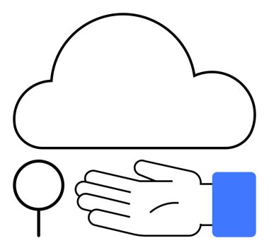 Bulut sembolü ve büyüteç. Teknoloji, bulut hesaplama, veri analizi, destek, yardım, araştırma ve vizyon için ideal. Satır metaforu