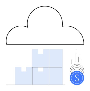 Yığılmış blokların ve düşen paraların üzerinde bulut çizgisi var. İş büyümesi, finans tasarrufu, ekonomik verimlilik, dijital ekonomi, bulut hesaplama, yatırım, maliyet düşüşü için ideal. Satır metaforu