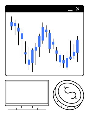 Bir tarayıcı penceresinde şamdan şeması, bilgisayar monitörü ve para birimi maddi analiz ve ticareti vurguluyor. Borsa öngörüleri, ön bellek, mali raporlar, pazar eğilimleri için ideal