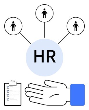Merkez çemberdeki insan kaynakları üç bağlantılı figür, kontrol listesi ve el desteği sembolize ediyor. İnsan kaynakları, yönetim, çalışan ilişkileri, rehberlik, destek ekip çalışması için idealdir. Çizgi