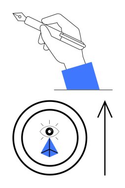 Dolma kalemi bir çizginin üzerinde tutarken göz ve üçgen şeklinde dairesel bir sembol ve yukarı doğru ok. Yaratıcılık, yazma, vizyon, büyüme, liderlik başarısı için ideal. Satır metaforu