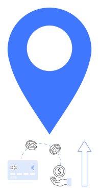 Kredi kartının üstündeki büyük mavi lokasyon iğnesi, dönen paralar ve yukarı doğru ok. Finans, bankacılık, mobil ödemeler, GPS, seyrüsefer işi büyümesi e-ticaret için idealdir. Satır metaforu