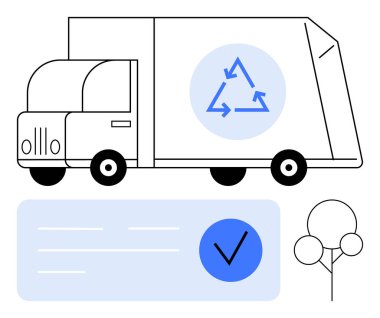 Geri dönüşüm sembolü taşıyan bir kamyon, panoda mavi onay işareti, asgari ağaç. Çevre yönetimi, geri dönüşüm kampanyaları, atık imhası, sürdürülebilirlik promosyonları, yeşil lojistik için ideal