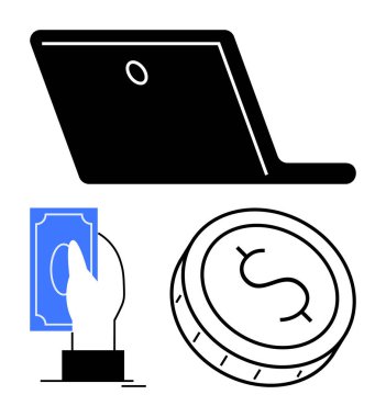 Dizüstü bilgisayar ikonu, el ele tutuşma nakit ve para dijital ödeme yöntemleri ve çevrimiçi işlemleri temsil etmektedir. E-ticaret, finans uygulamaları, dijital bankacılık, bütçe araçları, çevrimiçi alışveriş, fintech