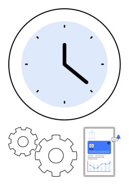 İki dişlinin yanında büyük bir analog saat ve veri grafiklerini gösteren bir akıllı telefon ekranı. Üretkenlik, zaman yönetimi, iş akışı, iş planlaması, verimlilik, proje yönetimi, hedef belirleme için ideal