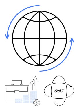 Küresel bütünleşmeyi temsil eden okları olan dünya, bar grafiği, evrak çantası ve kapsamlı analizi sembolize eden 360 derecelik bir ikon. İş stratejisi, küresel pazarlama ve veri analizi için ideal