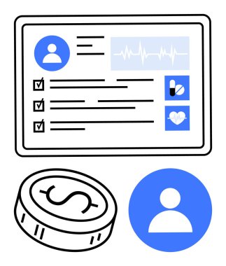 Tablet ekranda hasta profili, sağlık verileri ve tıbbi kontrol listesi var. Madeni para ve profil simgesinin yanında. Sağlık hizmetleri, kişisel sağlık yönetimi, tıbbi raporlar ve mali etki için ideal