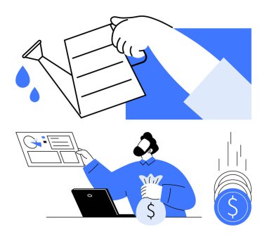 Mali raporun üzerine su dökülen su tenekesiyle el, haritaları analiz eden kişi ve çuvalın içine düşen paralar. Yatırım için ideal, mali büyüme, iş stratejisi, para yönetimi, kâr