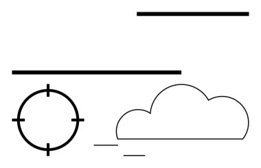 Bulut simgesi, çapraz gölgesi ve çeşitli yatay çizgileri olan hedef. Hava durumu, hassasiyet, hizalama, dijital arayüz, soyut temalar için basitlik tasarımı için ideal. Satır metaforu