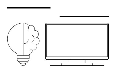 İçinde beyin ve bilgisayar monitörü olan ampul. Yenilik kavramları, yaratıcı düşünceler, teknoloji, dijital öğrenme, beyin fırtınası, tasarım, geliştirme projeleri için idealdir. Satır metaforu