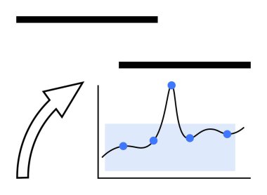 Yükselen siyah noktalı grafikler mavi çizgi, tepeyi gösteren ok. Ticari büyüme, analitik, veri eğilimleri, performans, finans, stratejik planlama için ideal. Satır metaforu