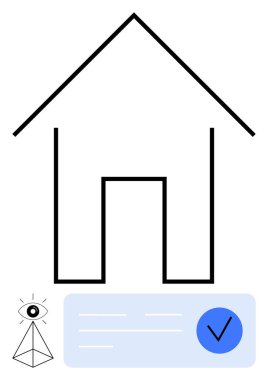 Dikdörtgenin içinde mavi bir işaret ve göz piramidi sembolü olan ev çizgisi. Gayrimenkul, mimari, onaylar, sertifikalar, güvenlik, ev teftişleri için ideal. Satır metaforu