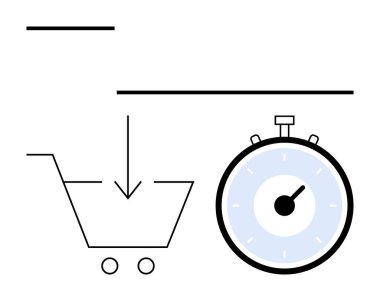 Kronometrenin yanında aşağı doğru ok olan bir alışveriş arabası. E-ticaret, hızlı nakliye, zaman yönetimi, hızlı alışverişler, çevrimiçi perakende satış, dağıtım hizmetleri, verimlilik için ideal. Satır metaforu