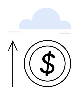 Yukarı doğru ok, ortasında dolar işareti olan bir madeni paranın üstündeki bulutu gösteriyor. Bulut hesaplama, finansal büyüme, çevrimiçi gelir, tasarruf, dijital bankacılık, bulut depolama, yatırım için ideal