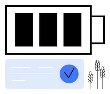 Batarya simgesi, mavi bir kutunun ve buğday kulaklarının yanında üç ölçü seviyesinde. Sürdürülebilirlik, tarım, enerji verimliliği, yenilenebilir kaynaklar, tarım teknolojisi, çevre dostu uygulamalar için ideal