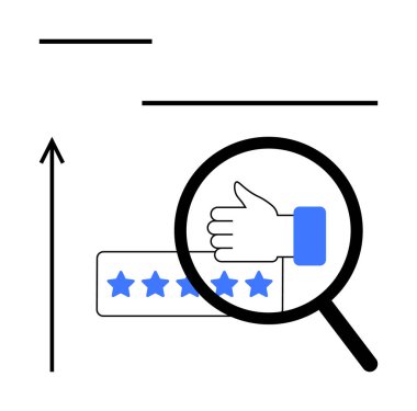 Büyüteç başparmaklar yukarı ve yukarı doğru ok ile beş mavi yıldız vurguluyor. Geri bildirim, kalite değerlendirmesi, müşteri memnuniyeti, ilerleme takibi, motivasyon, başarılar, pozitif