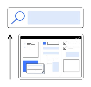 Metin kutuları ve kontrol listeleriyle dijital arayüzü gösteren büyüteçle yukarı doğru giden bir arama çubuğu. Teknoloji, UXUI, organizasyon, üretkenlik, iş akışı, veri yönetimi, verimlilik için ideal