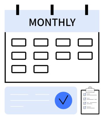 Siyah kareli aylık takvim ızgarası, pano kontrol listesi, işaretli mavi notlar bölümü. Zamanlama, organizasyon, verimlilik, görev yönetimi, zaman izleme ve proje planlama için ideal