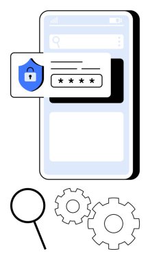 Parola girişi ve güvenlik kalkanı simgesi olan akıllı telefon ekranı, büyüteç ve ayarları temsil eden vites ve arama. Dijital güvenlik, çevrimiçi güvenlik, teknoloji geliştirme, uygulama tasarımı için ideal
