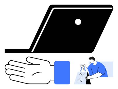 Laptop screen, hand with blue wristband, person holding shopping bags. Ideal for online shopping, digital security, e-commerce, safety guidelines, contactless payment, shopping apps cybersecurity clipart