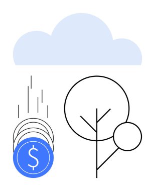 Coins with dollar signs falling near a minimalist tree and blue cloud. Ideal for business, economics, environment, sustainability, finance, climate change, investment. Line metaphor clipart