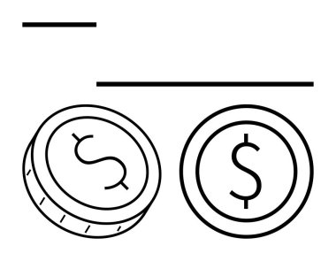 Üzerinde dolar sembolleri ve yatay bir çizgi olan iki bozuk para. Siyah-beyaz minimalist bir şekilde. Finans, yatırım, tasarruf, bankacılık, para, zenginlik ve ekonomi için ideal. Satır metaforu