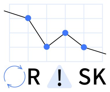Mavi düğümlerle aşağıya doğru giden çizgi grafiği. RiSK metni, ünlem işareti uyarısı, bisiklet konsepti için dairesel oklar. Mali analiz, iş stratejisi, veri sunumu ve risk için ideal