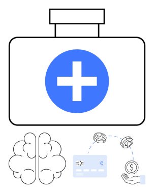 Haçlı ilk yardım çantası, stilize edilmiş beyin, temassız ödeme kartı ve finansal işlem sembolleri. Sağlık, ruh sağlığı, fintech, sigorta, tıbbi fatura teknolojisi finansmanı için ideal