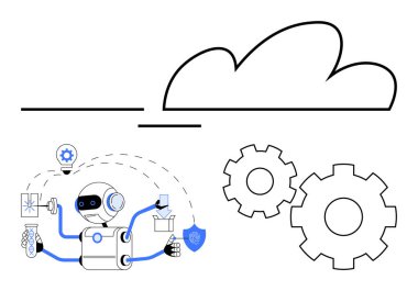 Bir bulut simgesi ve vites dışındaki araştırma, güvenlik ve aletleri kontrol eden robotlar. Otomasyon, teknoloji, yapay zeka, robotik, bulut hesaplama endüstriyel süreçler için ideal. Çizgi