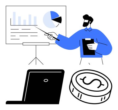 Bir iş adamı ekranda bir pasta grafiğini ve çubuk grafiğini işaret ediyor, elinde bir pano var. Yakınlarda bir dizüstü bilgisayar ve dolar işareti olan bir bozuk para var. Finans, iş stratejileri, sunumlar, pazarlama için ideal