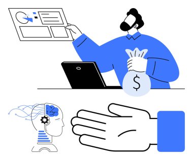 İş adamı veri sunuyor, para çantası, dizüstü bilgisayar, yapay zeka beyni ve uzatılmış el hareketi. Ticari büyüme, mali yönetim, teknoloji, yenilik yapay zeka işbirliği için ideal