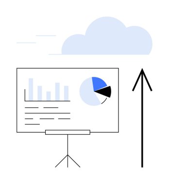 Sunum tahtası, bulutlu ve yukarı doğru ok ile tripod standında çubuk grafik ve pasta grafiğini gösteriyor. Ticari büyüme, veri analizi, bulut hesaplama, eğilimler, ilerleme izleme, sunumlar için ideal
