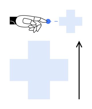 Robot el mavi haç ve okla dijital arayüze dokunuyor. Teknoloji, yenilik, robot bilimi, dijital etkileşim, gelecek, bağlantı, ilerleme için idealdir. Satır metaforu