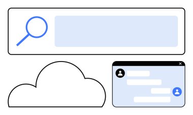 Arama çubuğunda büyüteç, bulut grafiği, sohbet baloncuklu sohbet penceresi. Bulut hesaplama, çevrimiçi işbirliği, dijital iletişim, arama motorları, internet, veri depolama için ideal