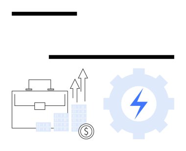Çanta, dolar işaretli yükselen madeni paralar, elektrikli cıvata sembollü dişliler. Ticari büyüme için ideal, mali başarı, verimlilik, teknoloji iyileştirme, yatırım stratejisi, kâr