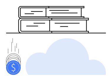 Bulutun yanında kitap yığını ve bozuk para dolarları. Dijital eğitim için ideal, çevrimiçi öğrenme, maliyet tasarrufu, kaynak yönetimi, bulut teknolojisi, kütüphane dijitalleşmesi, finans teknolojisi. Çizgi
