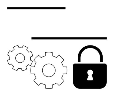 Two gears interlocking beside a padlock, representing synergy between security and system operations. Ideal for cybersecurity, system integration, IT processes, data protection, safety protocols clipart