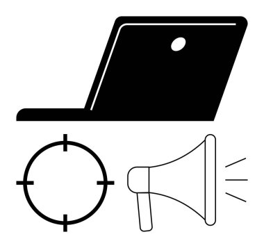 Laptop, dairesel odaklanma hedefi, megafon çevrimiçi pazarlama, iletişim ve hedeflemeyi gösteriyor. Dijital pazarlama, çevrimiçi reklam, iş iletişimi, sosyal medya kampanyaları için ideal