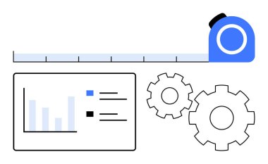 Veri noktaları ve viteslerle bir bar çizelgesinin yanında uzanan şerit ölçülüyor. Üretkenlik, veri analizi, mühendislik, inşaat, büyüme takibi, hassas çalışma için idealdir. Satır metaforu