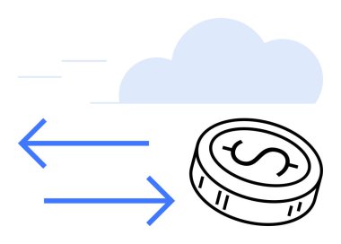 Arka planda iki yönlü oklarla ve bulut siluetiyle çevrili para. Finans, bulut hesaplama, dijital işlemler, çevrimiçi ödemeler, para transferi, fintech yenilik, iş