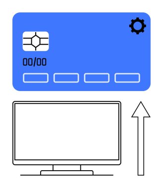 Bilgisayar monitörünün üstünde vites simgesi olan mavi kredi kartı ve yükselen ok güncelleme işlemini vurguluyor. Finans, bankacılık, çevrimiçi işlemler, yazılım güncellemeleri, teknik destek ve kullanıcı için ideal