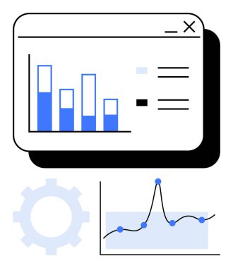 Çubuk grafik çizelgeleri ve çark analitik ve performans ölçümlerini temsil ediyor. İş, teknoloji, veri analizi, optimizasyon, yenilik, verimlilik ve strateji için ideal. Satır metaforu